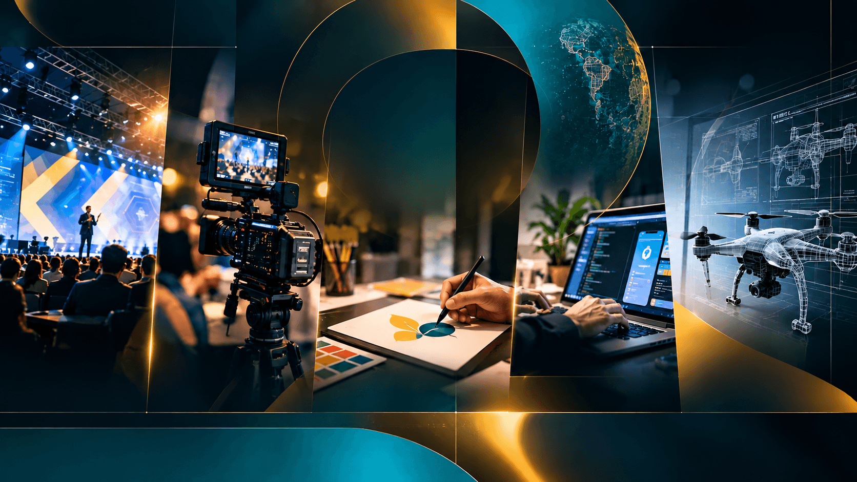 Collage of a lit event stage, a cinema camera, a hand drawing a teal and gold leaf, a laptop, and a drone schematic, with teal and gold graphic shapes