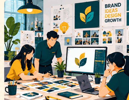 A design team gathered around a table with a leaf logo