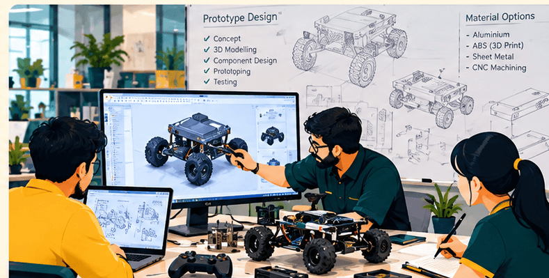 People reviewing a rover on a CAD screen beside a physical model and sketches