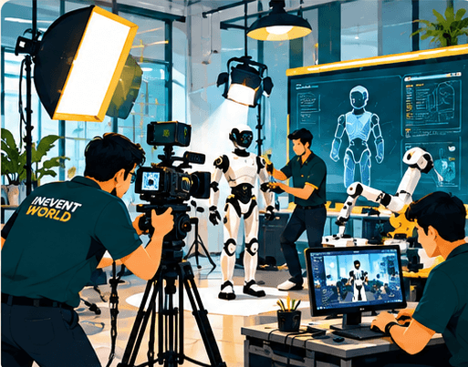 A camera operator filming a humanoid robot in a studio with lights, a robot arm, and monitors